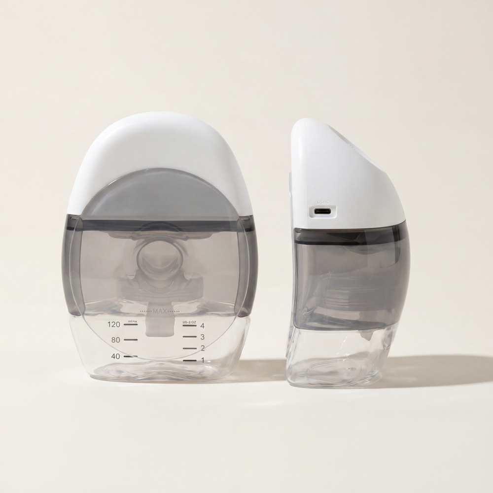 Spectra Wearable pump front and side views showing USB-C charging port