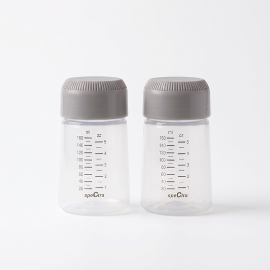 Two Spectra 160mL milk storage bottles with grey airtight caps